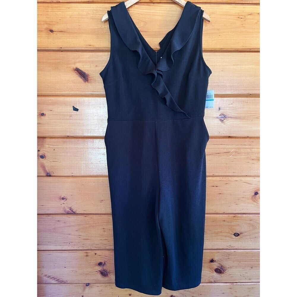 $89 Spense Womens V Neck Cap Sleeves Ruffle Front Black Jumpsuit XL